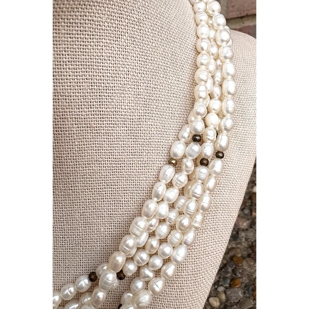 Vintage Faux White Pearl Gold Accent Jewelry Set 5 Strand Necklace‎ & Bracelet